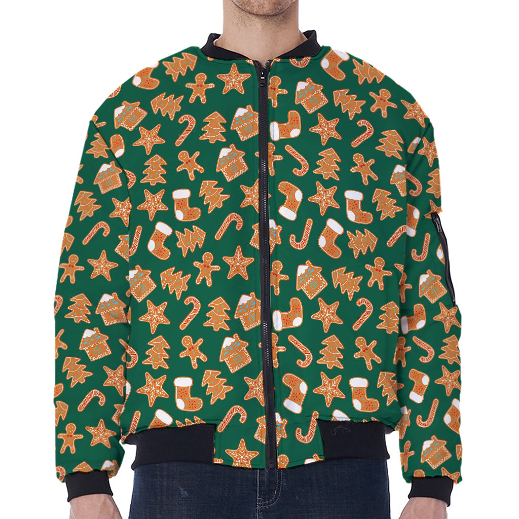 Gingerbread Cookies Pattern Print Zip Sleeve Bomber Jacket