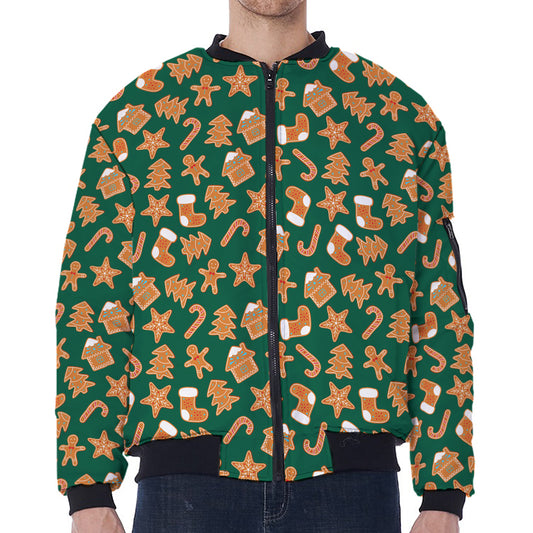 Gingerbread Cookies Pattern Print Zip Sleeve Bomber Jacket