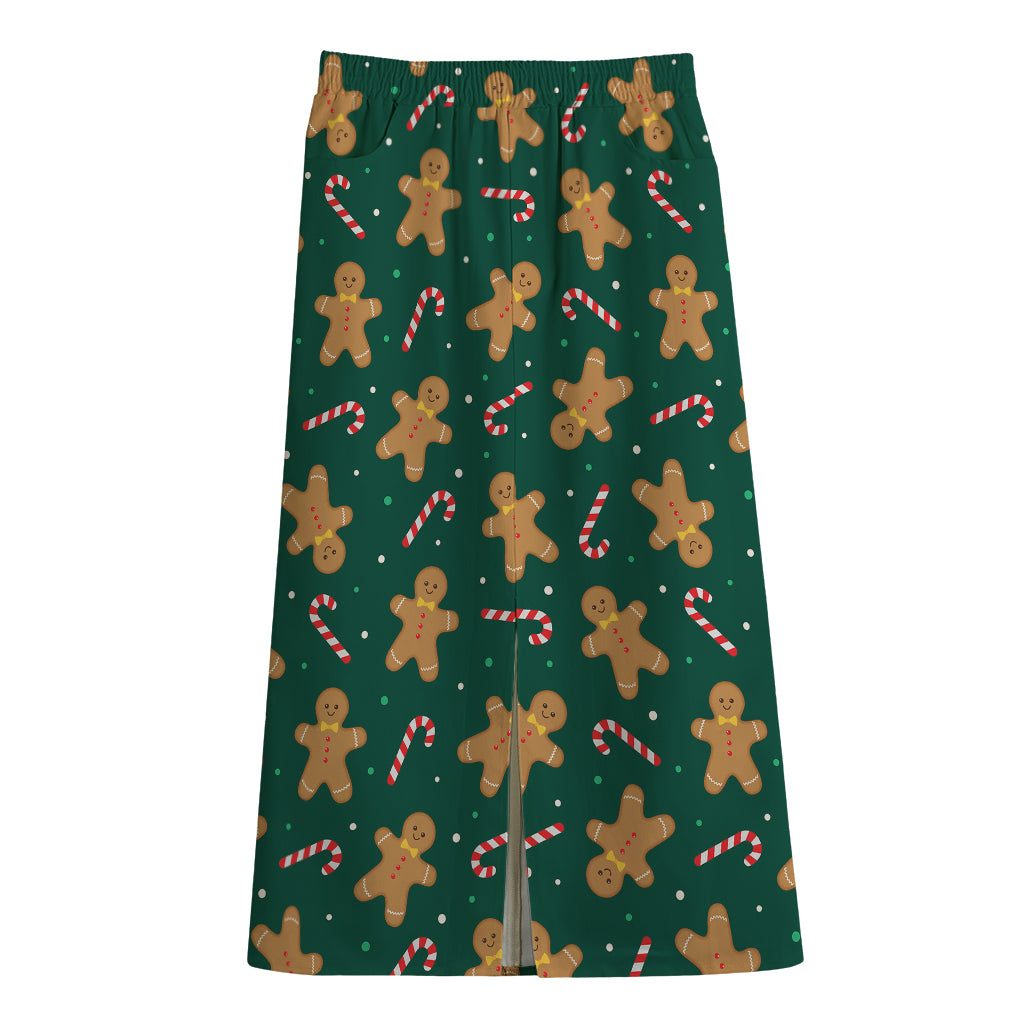 Gingerbread Man Cookies Pattern Print Cotton Front Slit Maxi Skirt