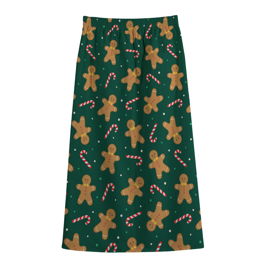 Gingerbread Man Cookies Pattern Print Cotton Front Slit Maxi Skirt