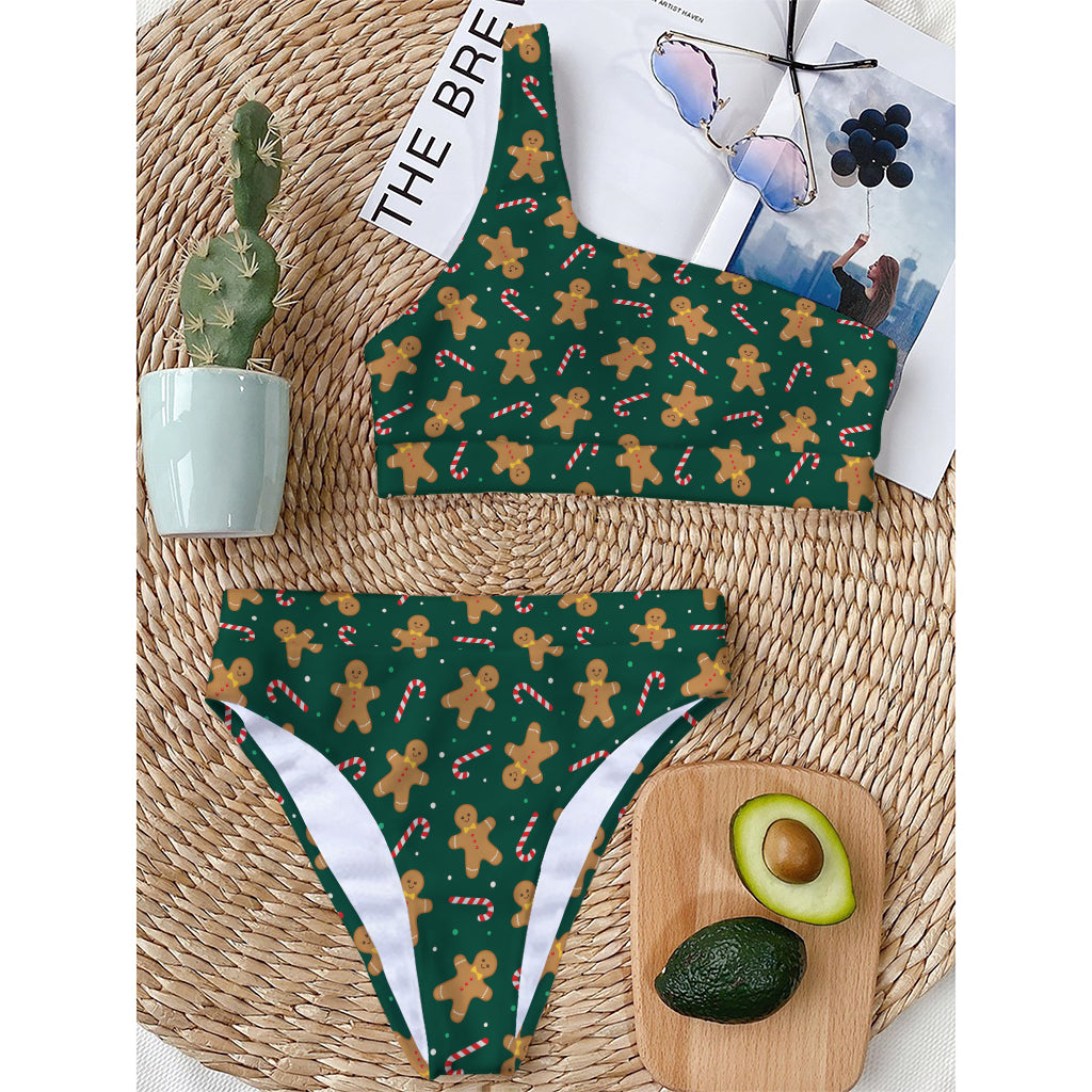 Gingerbread Man Cookies Pattern Print One Shoulder Bikini Top