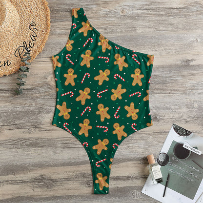Gingerbread Man Cookies Pattern Print One Shoulder Bodysuit