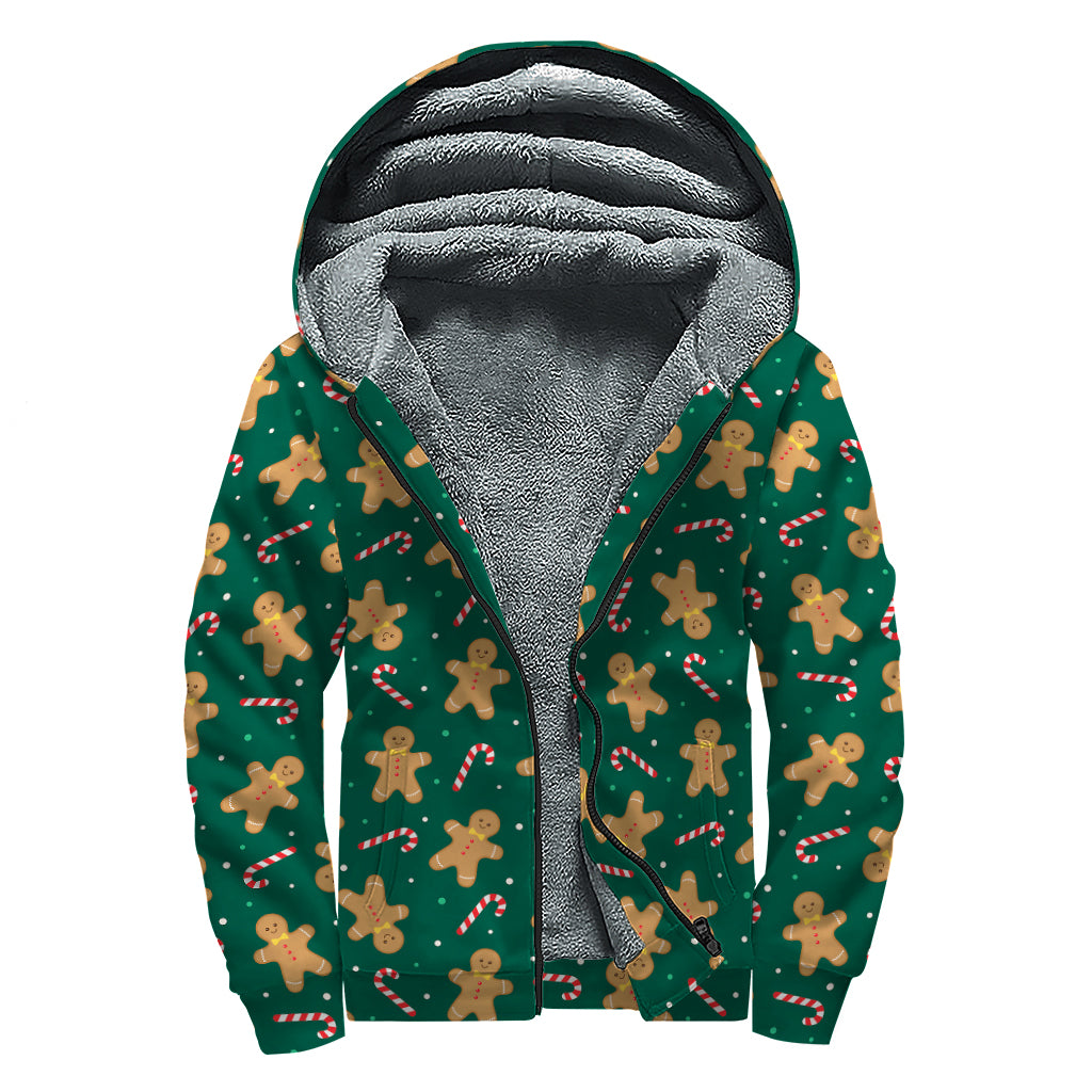 Gingerbread Man Cookies Pattern Print Sherpa Lined Zip Up Hoodie