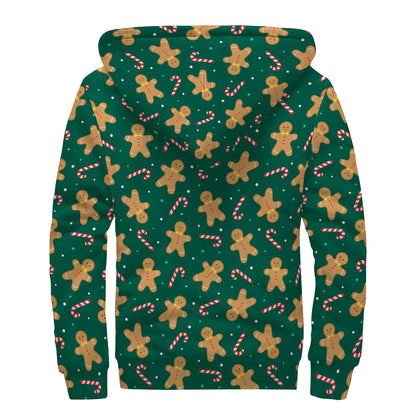Gingerbread Man Cookies Pattern Print Sherpa Lined Zip Up Hoodie