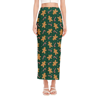 Gingerbread Man Cookies Pattern Print Side Slit Maxi Skirt