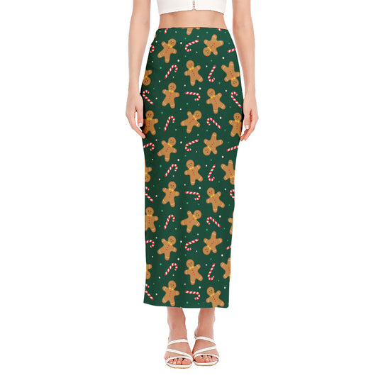 Gingerbread Man Cookies Pattern Print Side Slit Maxi Skirt