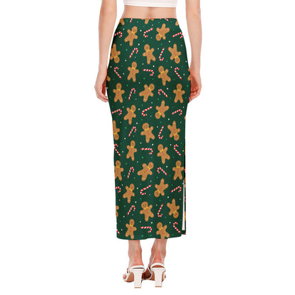 Gingerbread Man Cookies Pattern Print Side Slit Maxi Skirt