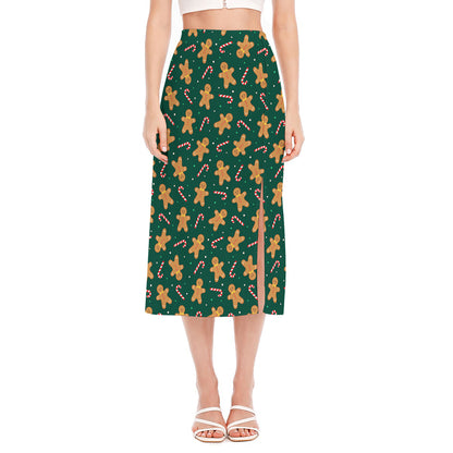 Gingerbread Man Cookies Pattern Print Side Slit Midi Skirt
