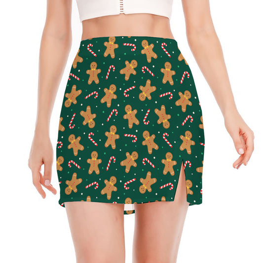 Gingerbread Man Cookies Pattern Print Side Slit Mini Skirt
