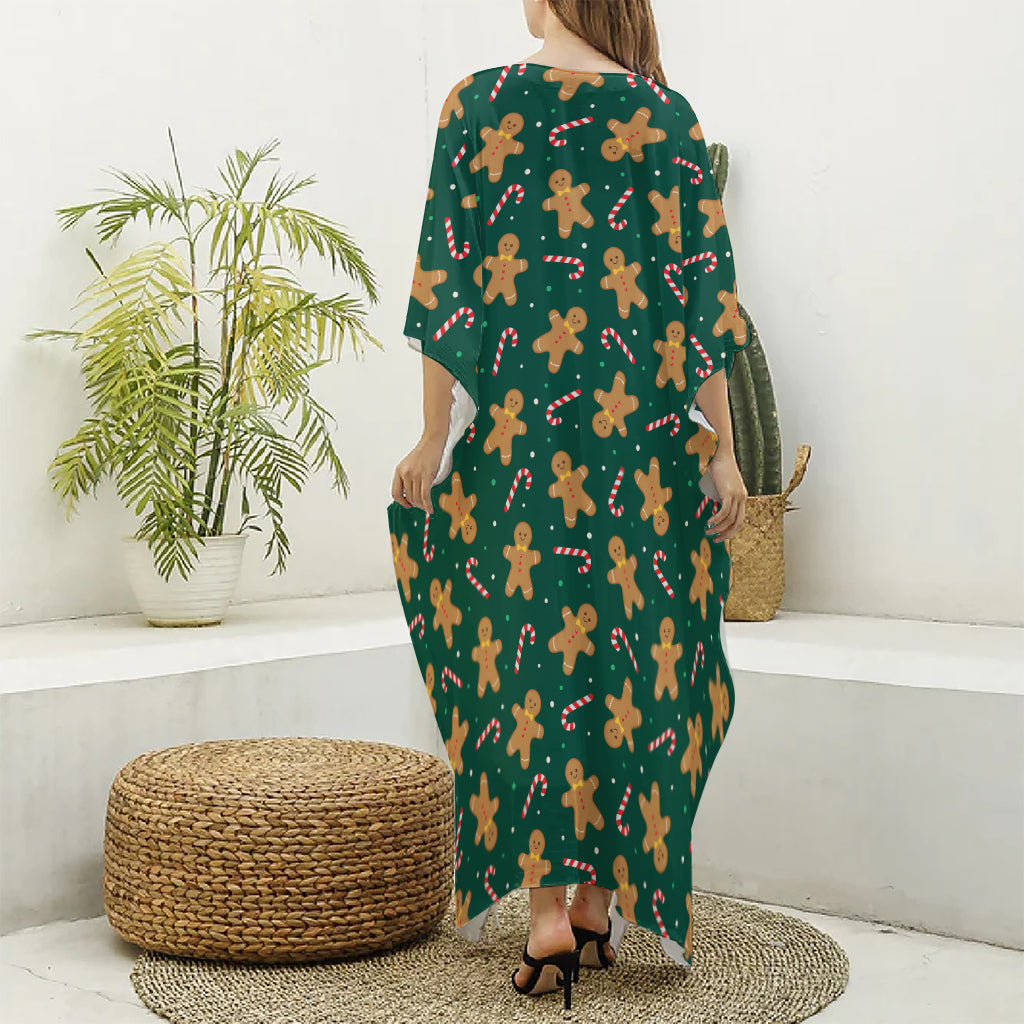 Gingerbread Man Cookies Pattern Print Silk V-Neck Kaftan Dress