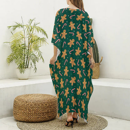 Gingerbread Man Cookies Pattern Print Silk V-Neck Kaftan Dress