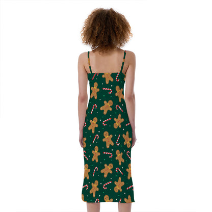 Gingerbread Man Cookies Pattern Print Slim Fit Midi Cami Dress