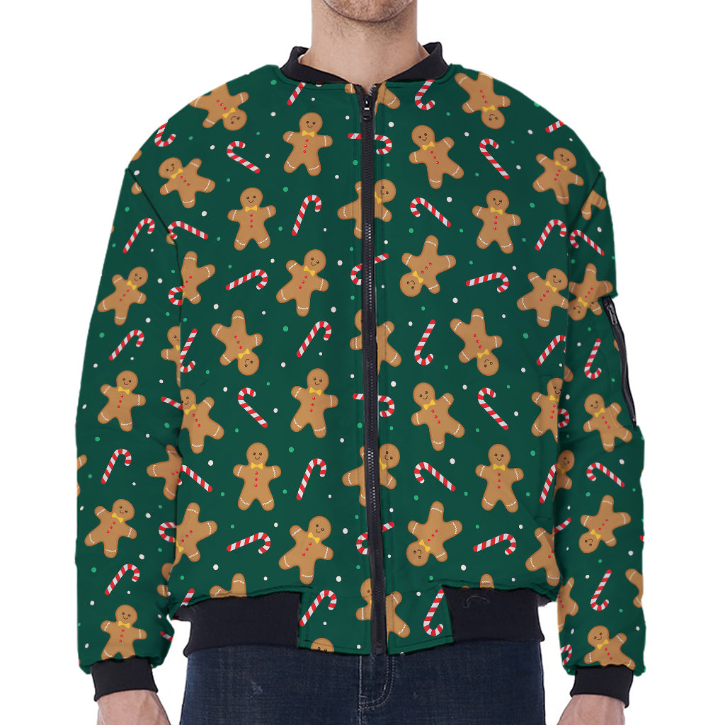 Gingerbread Man Cookies Pattern Print Zip Sleeve Bomber Jacket