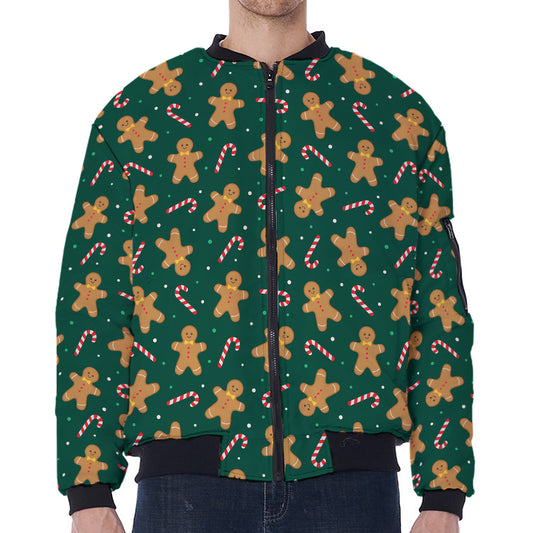 Gingerbread Man Cookies Pattern Print Zip Sleeve Bomber Jacket