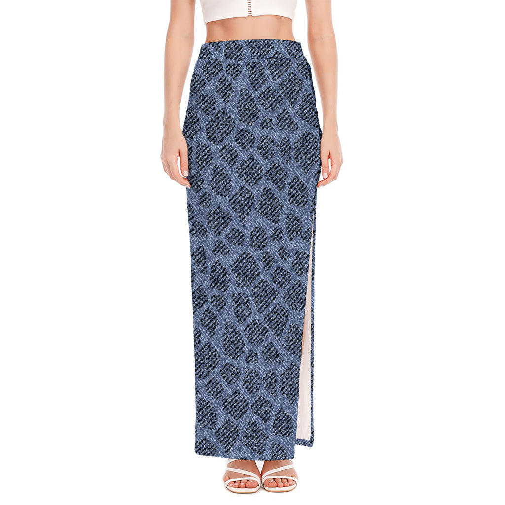 Giraffe Denim Jeans Pattern Print High Slit Maxi Skirt