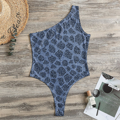 Giraffe Denim Jeans Pattern Print One Shoulder Bodysuit