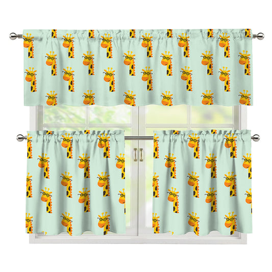 Giraffe With Glasses Pattern Print 3 Piece Kitchen Curtains