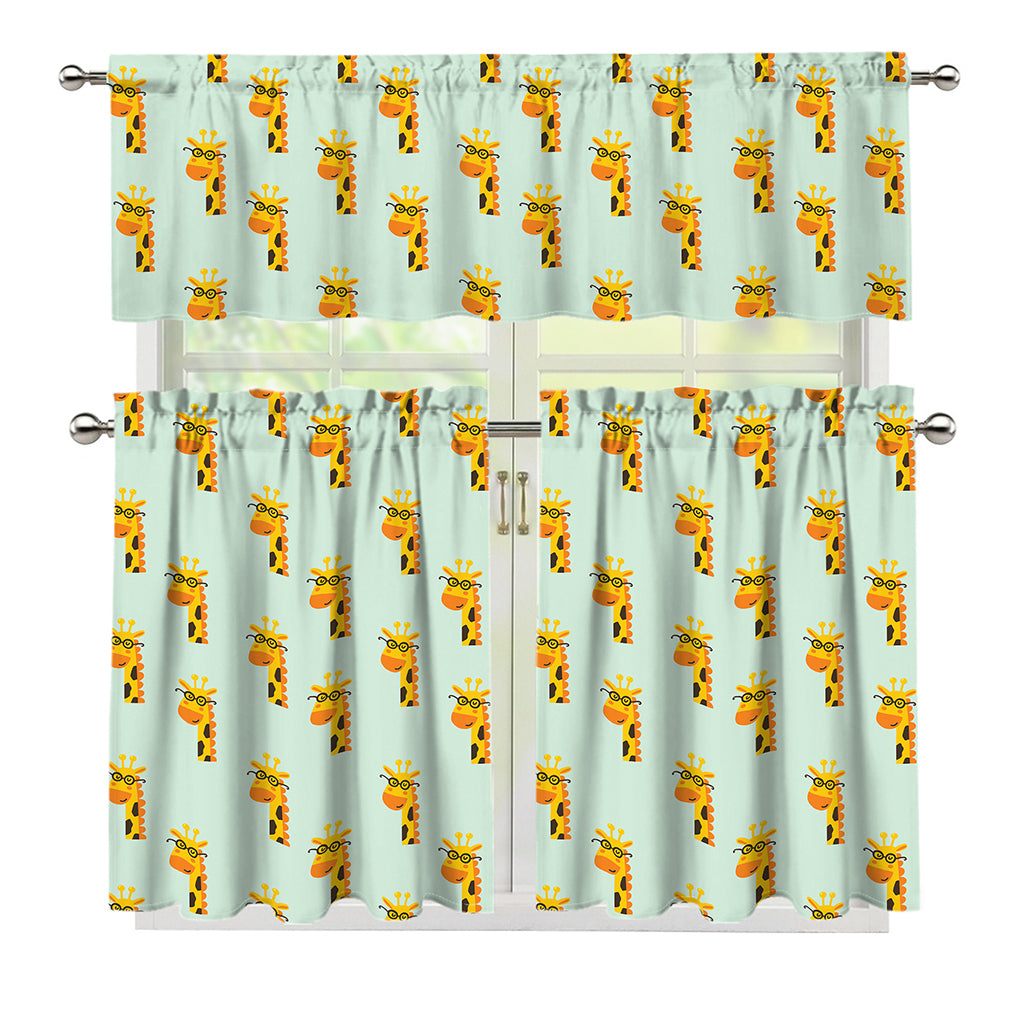 Giraffe With Glasses Pattern Print 3 Piece Kitchen Curtains