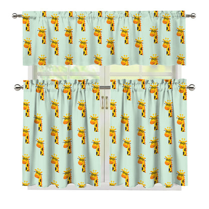 Giraffe With Glasses Pattern Print 3 Piece Kitchen Curtains