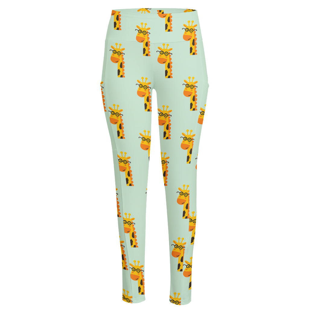 Giraffe With Glasses Pattern Print High-Waisted Pocket Leggings