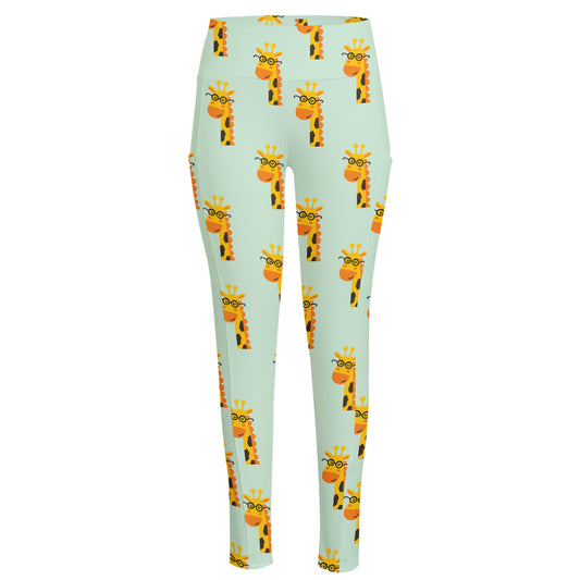 Giraffe With Glasses Pattern Print High-Waisted Pocket Leggings