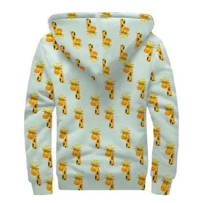 Giraffe With Glasses Pattern Print Sherpa Lined Zip Up Hoodie