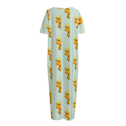Giraffe With Glasses Pattern Print Short Sleeve Long Nightdress