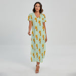 Giraffe With Glasses Pattern Print Short Sleeve Maxi Dress