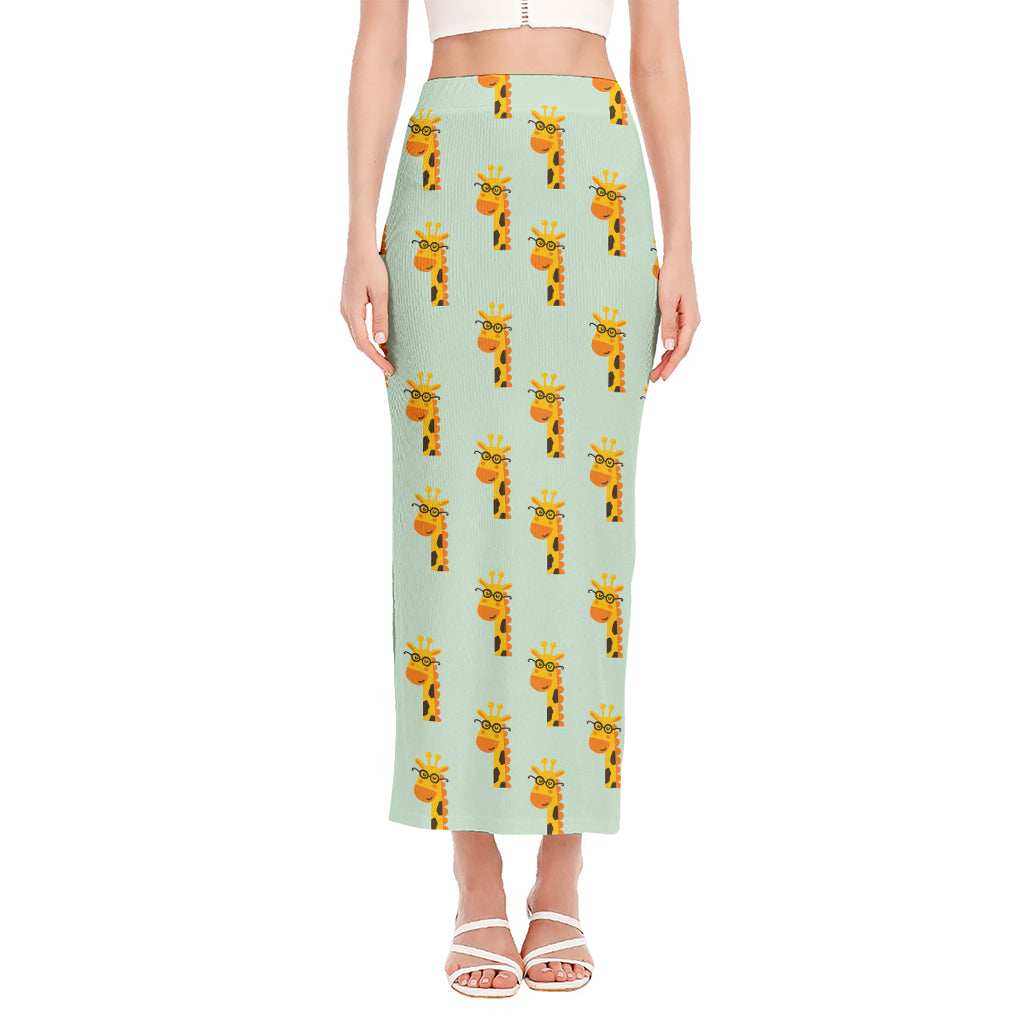 Giraffe With Glasses Pattern Print Side Slit Maxi Skirt