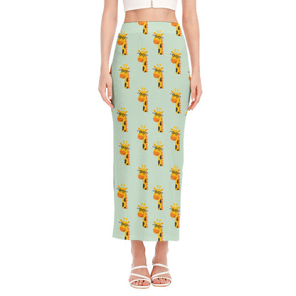 Giraffe With Glasses Pattern Print Side Slit Maxi Skirt