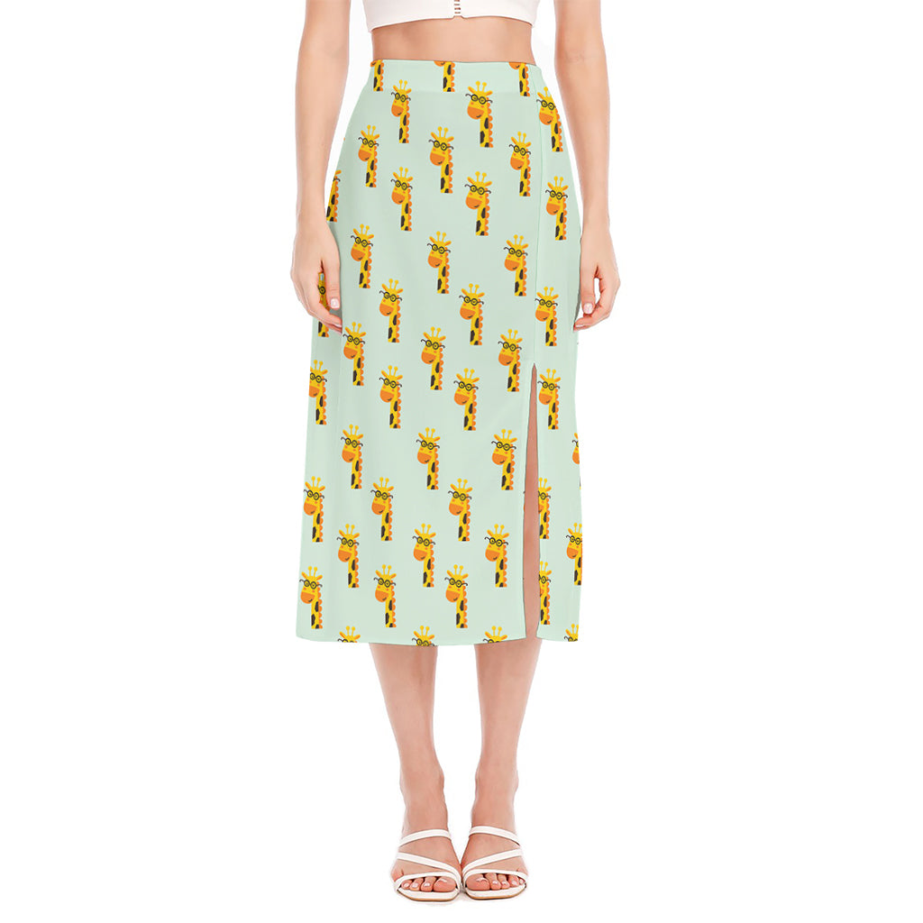 Giraffe With Glasses Pattern Print Side Slit Midi Skirt
