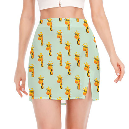 Giraffe With Glasses Pattern Print Side Slit Mini Skirt
