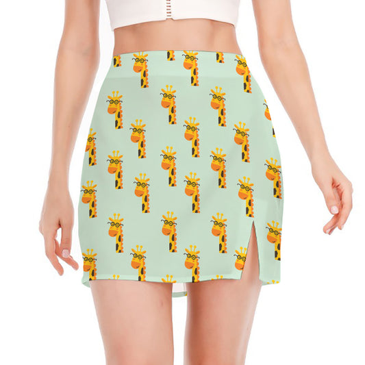 Giraffe With Glasses Pattern Print Side Slit Mini Skirt