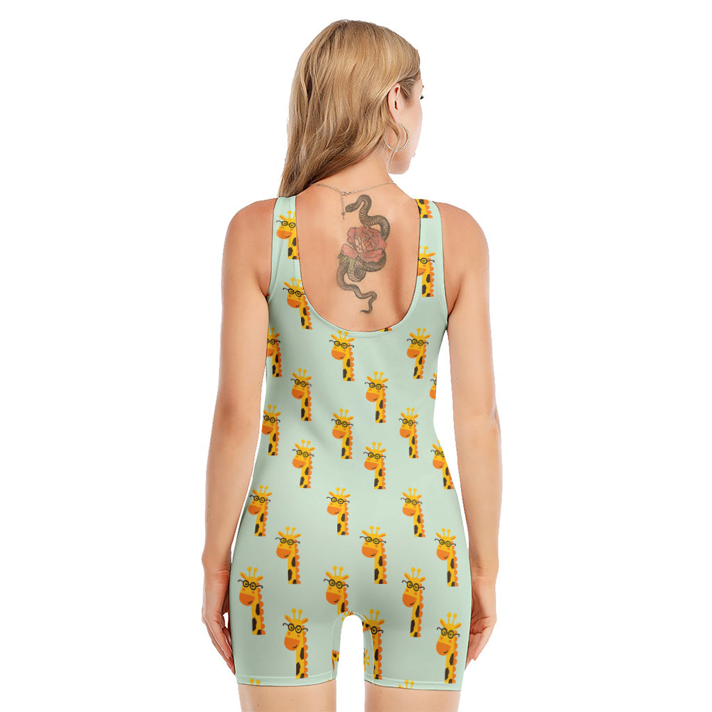 Giraffe With Glasses Pattern Print Sleeveless One Piece Swimsuit