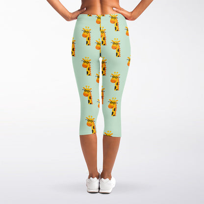 Giraffe With Glasses Pattern Print Women's Capri Leggings