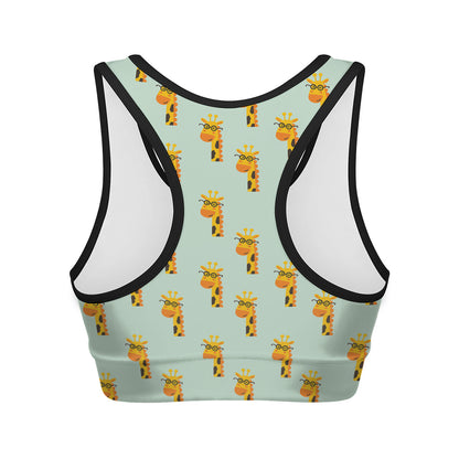 Giraffe With Glasses Pattern Print Women's Sports Bra
