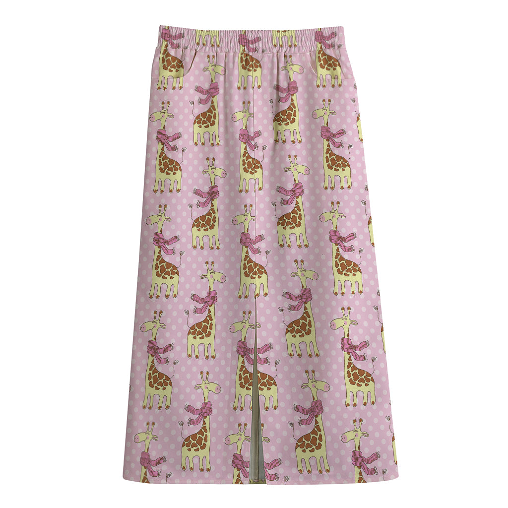 Giraffe With Scarf Pattern Print Cotton Front Slit Maxi Skirt
