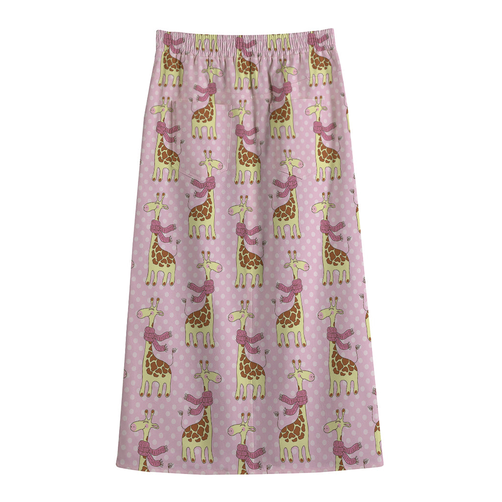 Giraffe With Scarf Pattern Print Cotton Front Slit Maxi Skirt