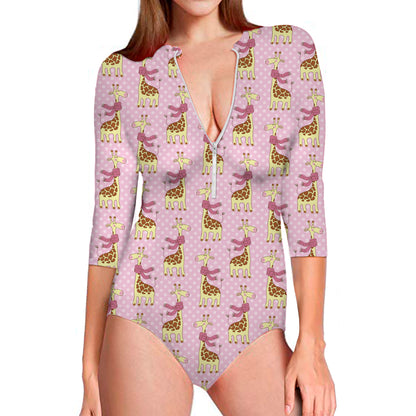 Giraffe With Scarf Pattern Print Long Sleeve Swimsuit