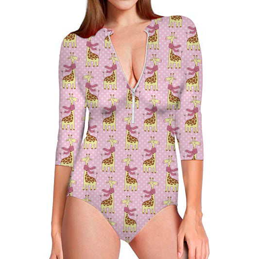 Giraffe With Scarf Pattern Print Long Sleeve Swimsuit