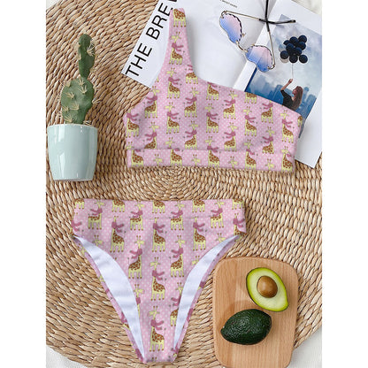 Giraffe With Scarf Pattern Print One Shoulder Bikini Top