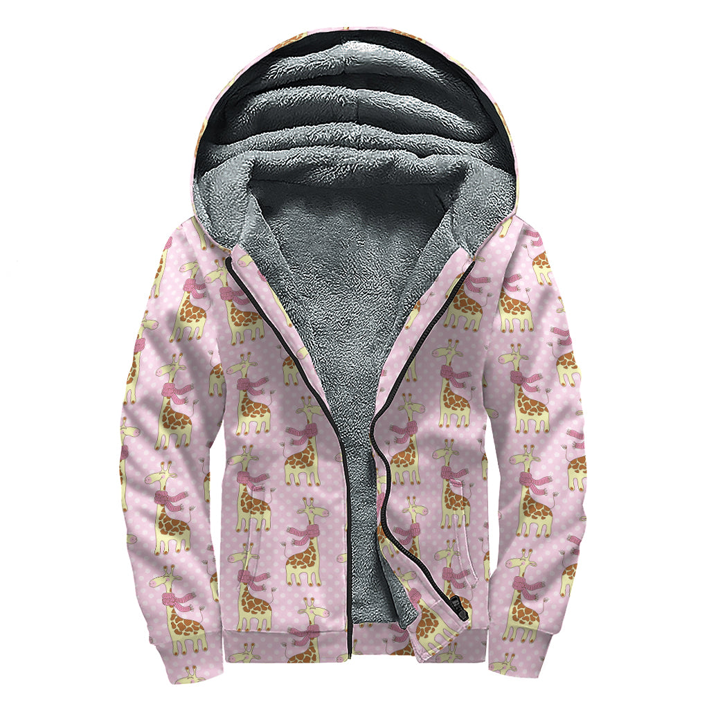Giraffe With Scarf Pattern Print Sherpa Lined Zip Up Hoodie