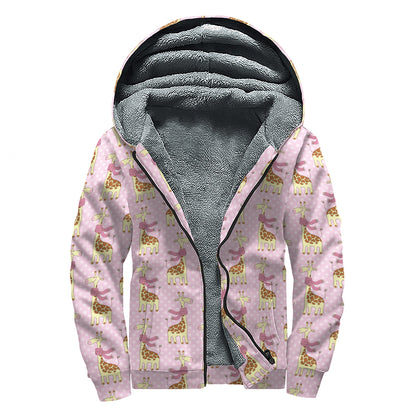 Giraffe With Scarf Pattern Print Sherpa Lined Zip Up Hoodie