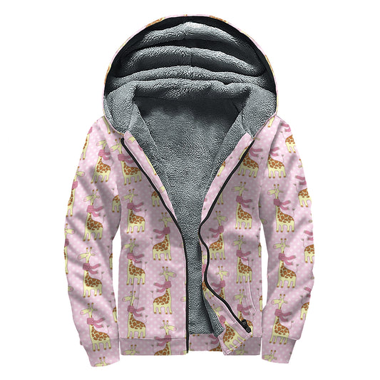 Giraffe With Scarf Pattern Print Sherpa Lined Zip Up Hoodie