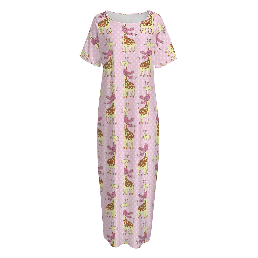 Giraffe With Scarf Pattern Print Short Sleeve Long Nightdress