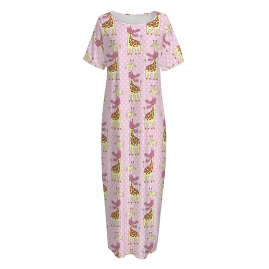 Giraffe With Scarf Pattern Print Short Sleeve Long Nightdress