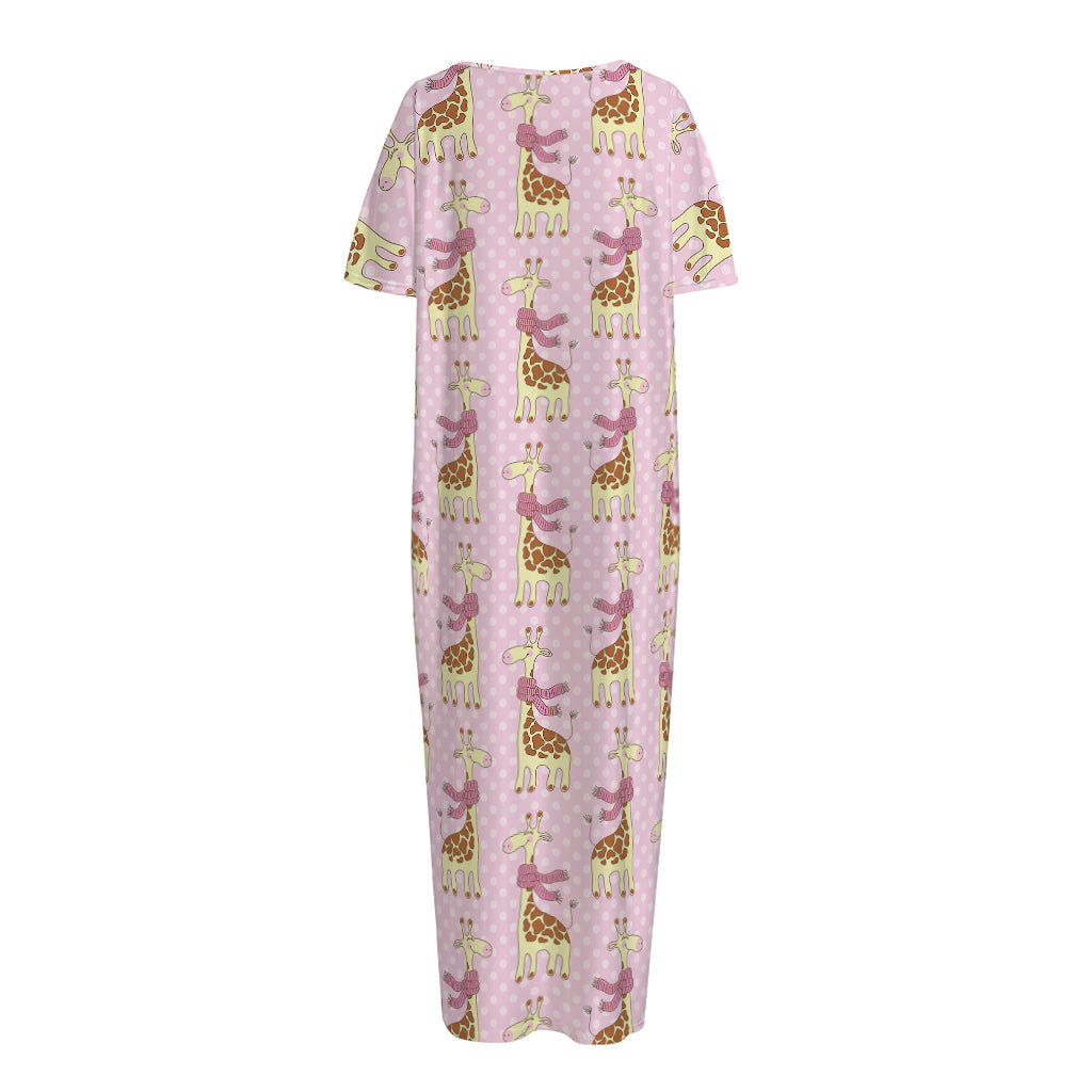 Giraffe With Scarf Pattern Print Short Sleeve Long Nightdress