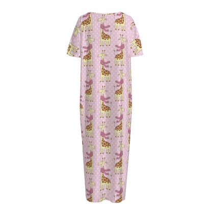 Giraffe With Scarf Pattern Print Short Sleeve Long Nightdress