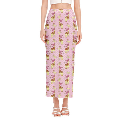 Giraffe With Scarf Pattern Print Side Slit Maxi Skirt