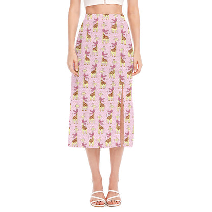 Giraffe With Scarf Pattern Print Side Slit Midi Skirt